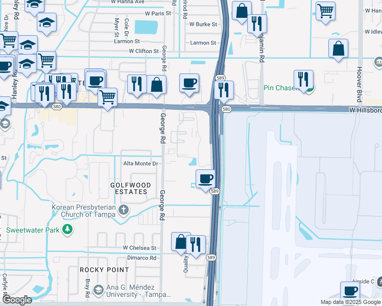 map of restaurants, bars, coffee shops, grocery stores, and more near 6123 Paddock Glen Drive in Tampa