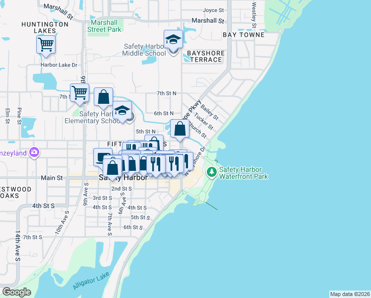 map of restaurants, bars, coffee shops, grocery stores, and more near 101-199 Jefferson Street in Safety Harbor