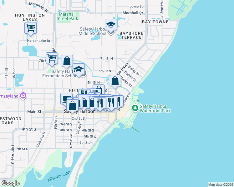 map of restaurants, bars, coffee shops, grocery stores, and more near 101-199 Jefferson Street in Safety Harbor