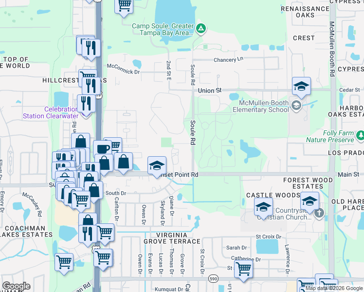 map of restaurants, bars, coffee shops, grocery stores, and more near 2785 Robinwood Drive in Clearwater