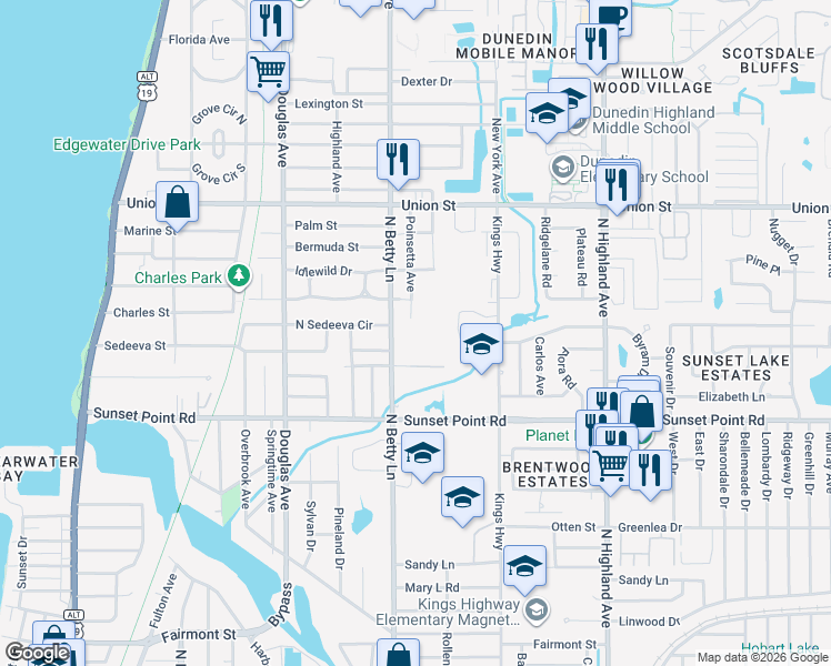 map of restaurants, bars, coffee shops, grocery stores, and more near 1981 North Betty Lane in Clearwater