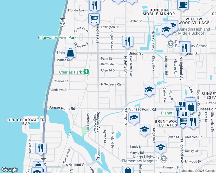 map of restaurants, bars, coffee shops, grocery stores, and more near 1237 North Sedeeva Circle in Clearwater