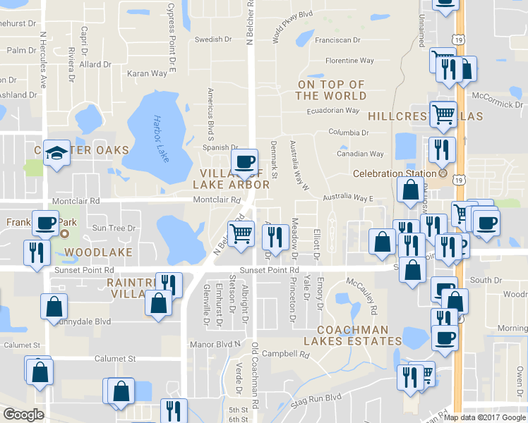 map of restaurants, bars, coffee shops, grocery stores, and more near 1970 Atlantis Drive in Clearwater