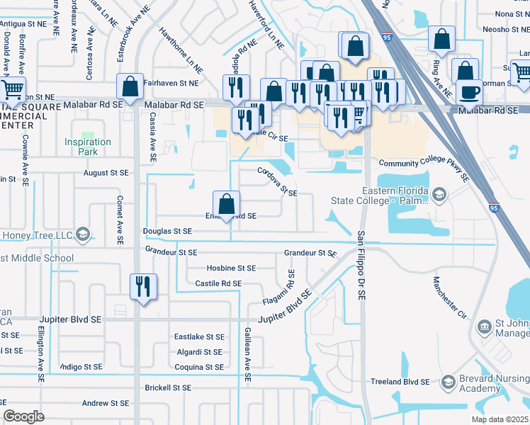 map of restaurants, bars, coffee shops, grocery stores, and more near 1101 Emerald Road Southeast in Palm Bay