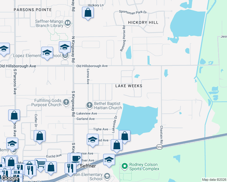 map of restaurants, bars, coffee shops, grocery stores, and more near 421 Golden Elm Drive in Seffner