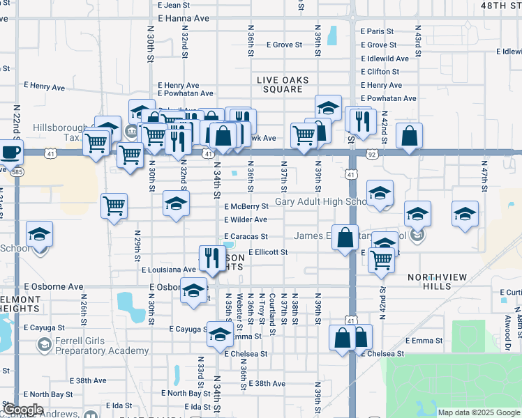 map of restaurants, bars, coffee shops, grocery stores, and more near 3607 East McBerry Street in Tampa