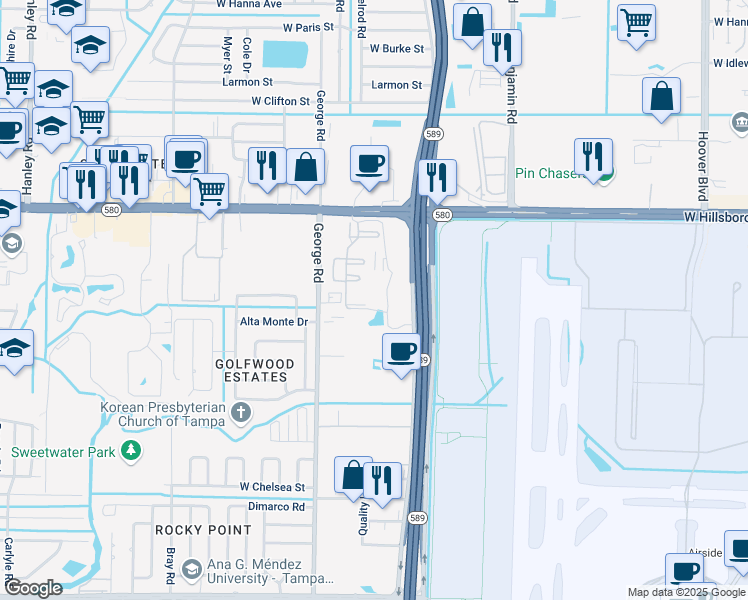 map of restaurants, bars, coffee shops, grocery stores, and more near 6105 Paddock Glen Drive in Tampa