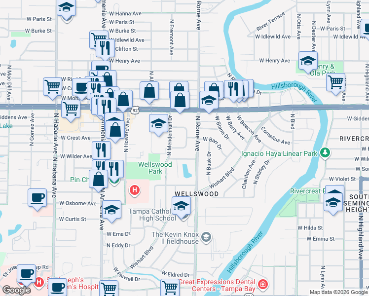 map of restaurants, bars, coffee shops, grocery stores, and more near 1710 West Alexander Drive South in Tampa