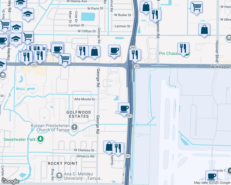 map of restaurants, bars, coffee shops, grocery stores, and more near 6123 Paddock Glen Drive in Tampa