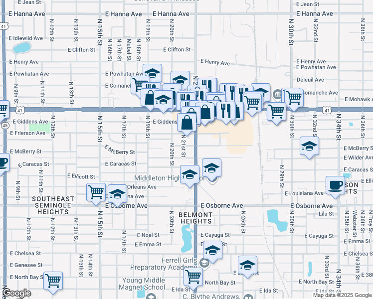 map of restaurants, bars, coffee shops, grocery stores, and more near 5107 North 21st Street in Tampa