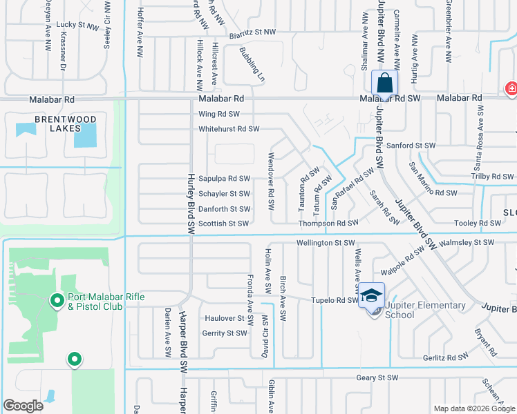 map of restaurants, bars, coffee shops, grocery stores, and more near 361 Seabull Avenue Southwest in Palm Bay