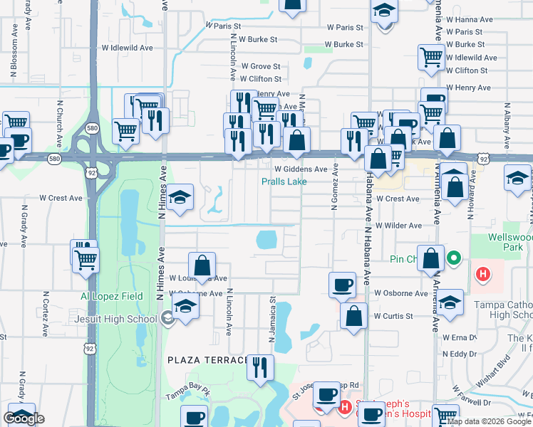 map of restaurants, bars, coffee shops, grocery stores, and more near 5108 North Jamaica Street in Tampa