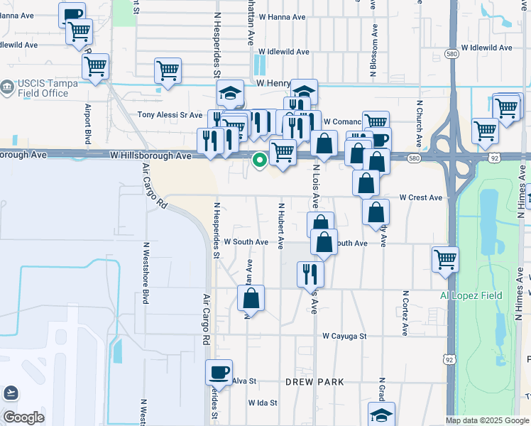 map of restaurants, bars, coffee shops, grocery stores, and more near 5017 North Coolidge Avenue in Tampa