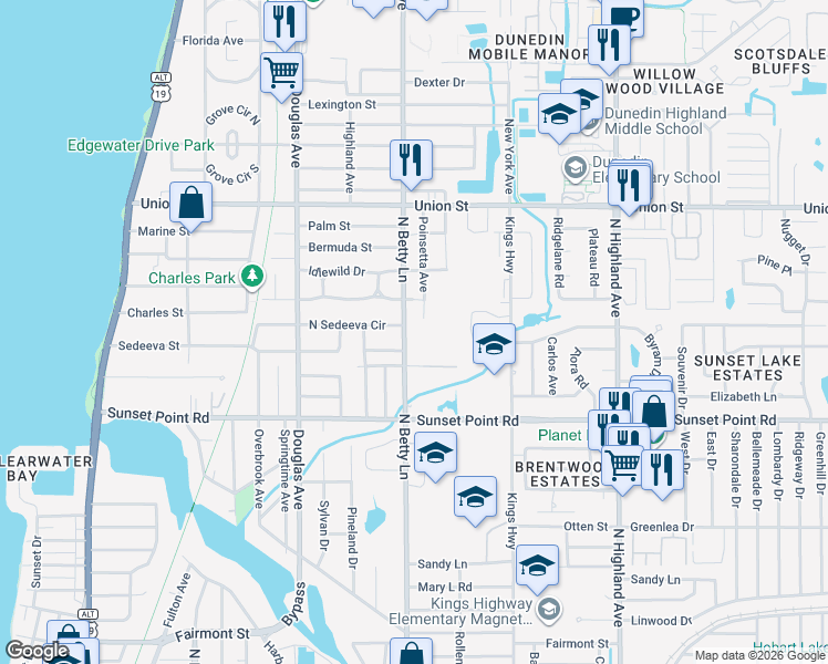 map of restaurants, bars, coffee shops, grocery stores, and more near 1981 North Betty Lane in Clearwater