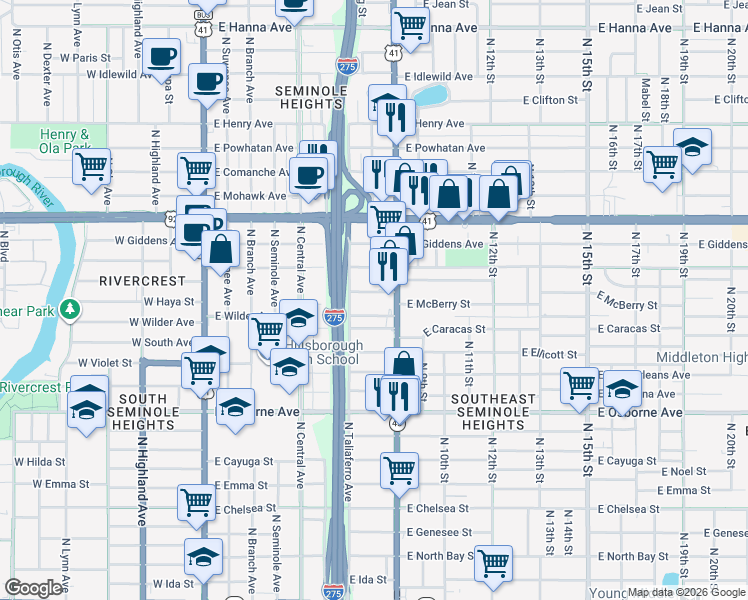map of restaurants, bars, coffee shops, grocery stores, and more near 811 East Conover Street in Tampa