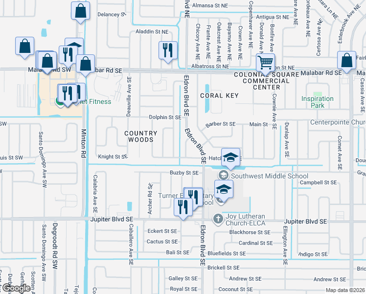 map of restaurants, bars, coffee shops, grocery stores, and more near 315 Decordre Road Southeast in Palm Bay