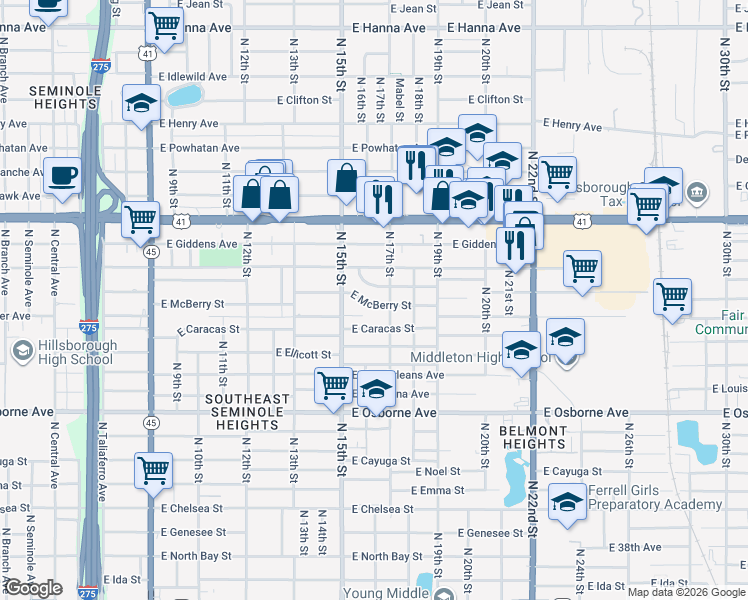 map of restaurants, bars, coffee shops, grocery stores, and more near 1512 East McBerry Street in Tampa