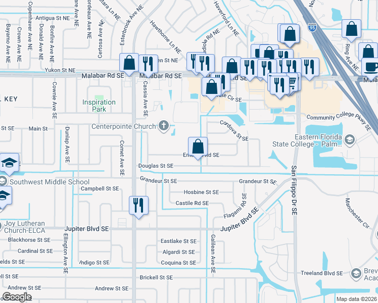 map of restaurants, bars, coffee shops, grocery stores, and more near 975 Emerald Road Southeast in Palm Bay