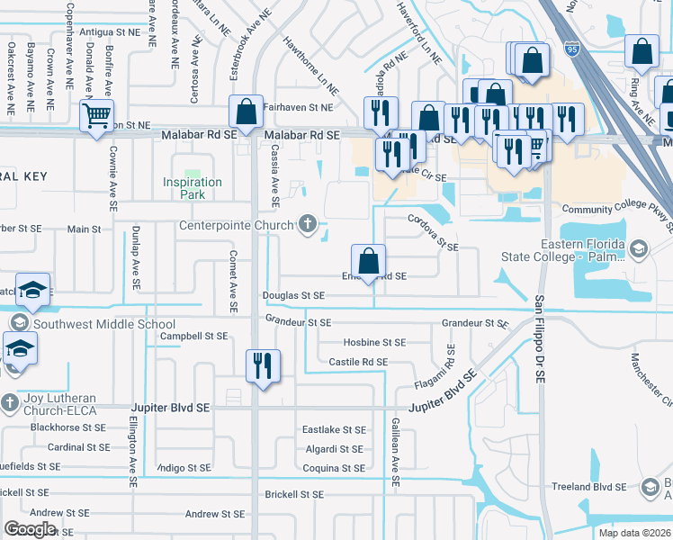 map of restaurants, bars, coffee shops, grocery stores, and more near 975 Emerald Road Southeast in Palm Bay