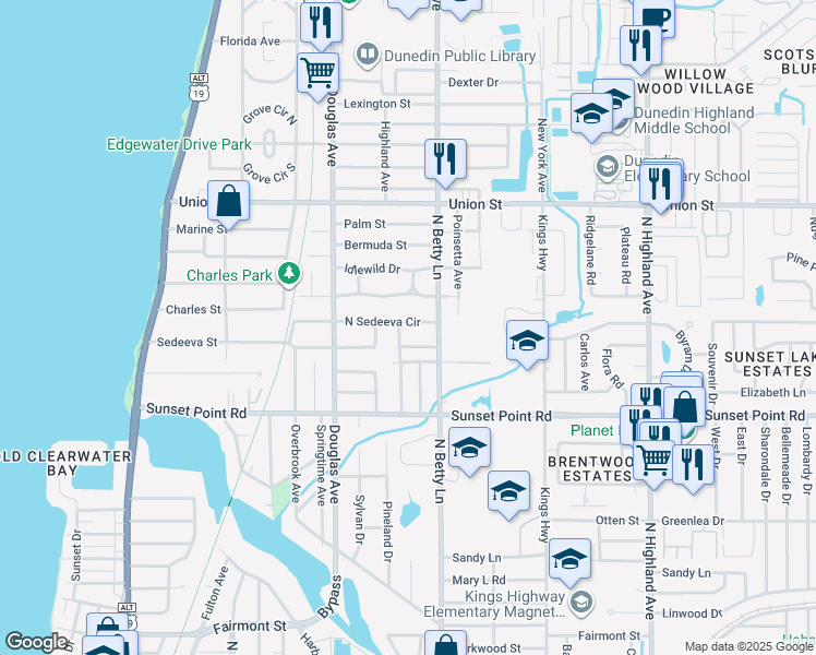 map of restaurants, bars, coffee shops, grocery stores, and more near 1267 North Sedeeva Circle in Clearwater