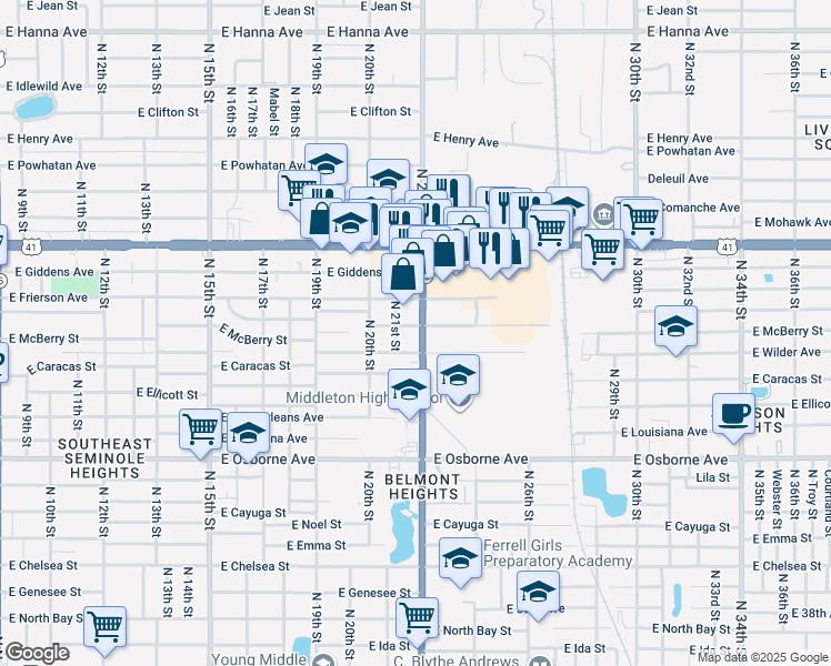 map of restaurants, bars, coffee shops, grocery stores, and more near 5107 North 21st Street in Tampa