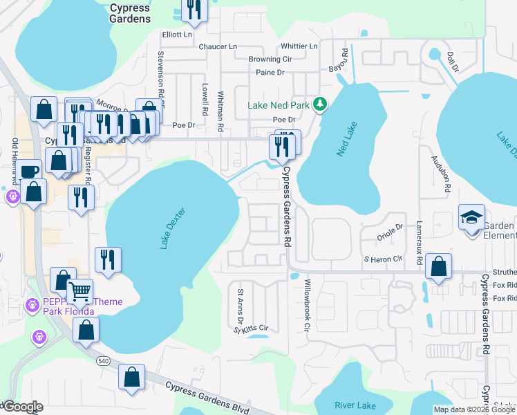 map of restaurants, bars, coffee shops, grocery stores, and more near 3923 Cypress Landing North in Winter Haven