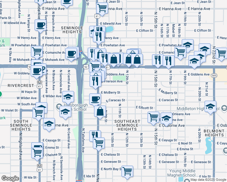 map of restaurants, bars, coffee shops, grocery stores, and more near 920 East McBerry Street in Tampa