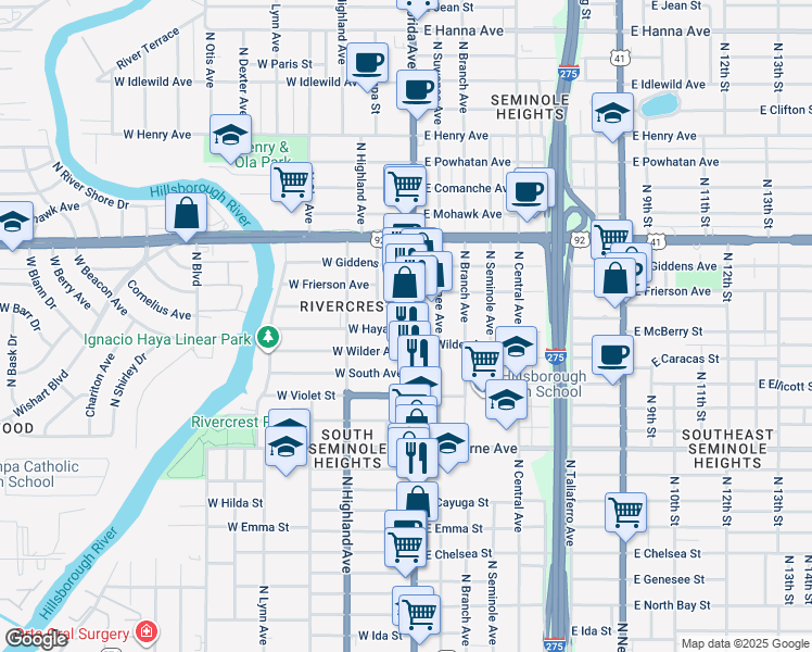 map of restaurants, bars, coffee shops, grocery stores, and more near 5120 North Florida Avenue in Tampa