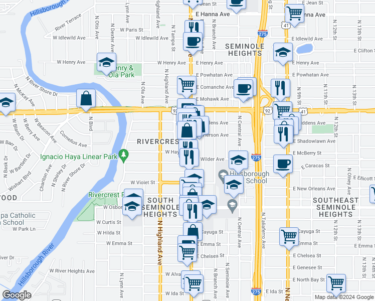 map of restaurants, bars, coffee shops, grocery stores, and more near 5120 North Florida Avenue in Tampa