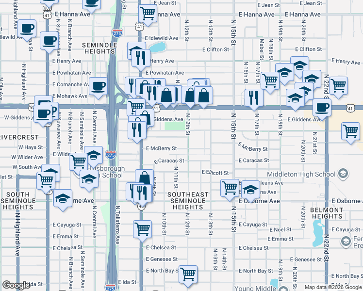 map of restaurants, bars, coffee shops, grocery stores, and more near 932 East McBerry Street in Tampa
