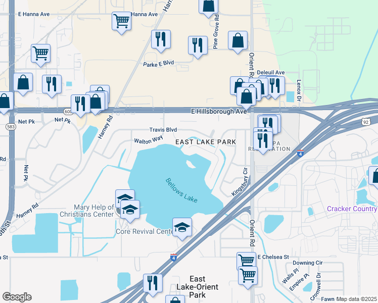 map of restaurants, bars, coffee shops, grocery stores, and more near 6803 Spencer Circle in Tampa