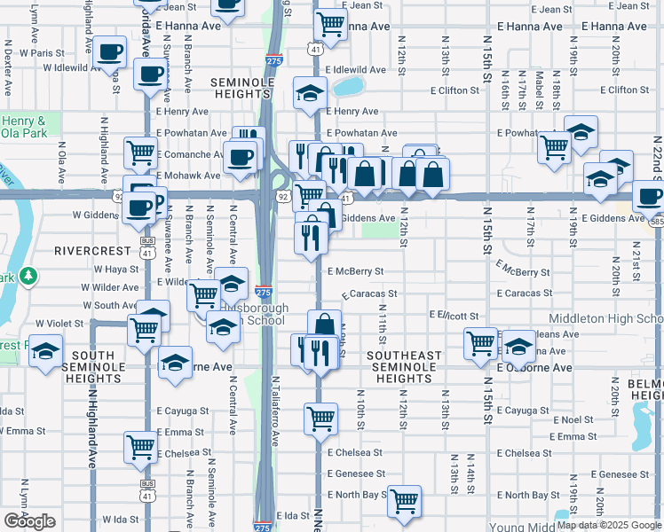 map of restaurants, bars, coffee shops, grocery stores, and more near 904 East McBerry Street in Tampa