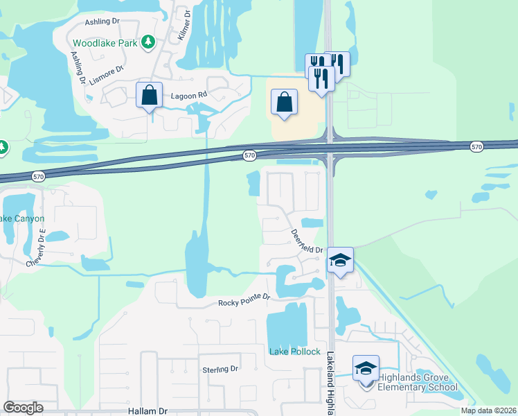 map of restaurants, bars, coffee shops, grocery stores, and more near 1955 Deerfield Drive in Lakeland