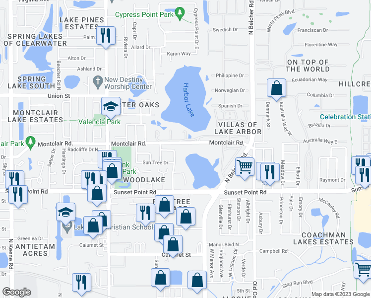 map of restaurants, bars, coffee shops, grocery stores, and more near 2155 Montclair Road in Clearwater