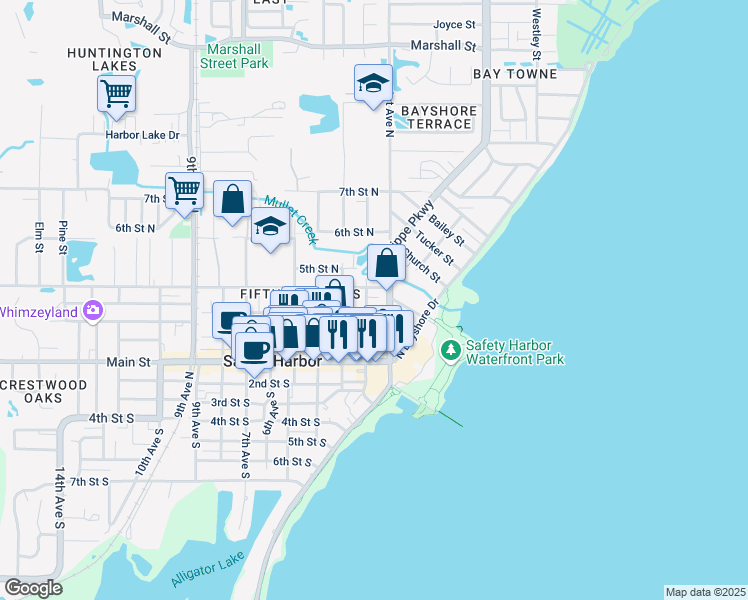 map of restaurants, bars, coffee shops, grocery stores, and more near 360 2nd Avenue North in Safety Harbor