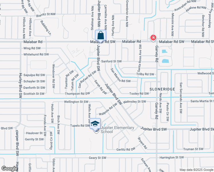 map of restaurants, bars, coffee shops, grocery stores, and more near 1928 Jupiter Boulevard Southwest in Palm Bay
