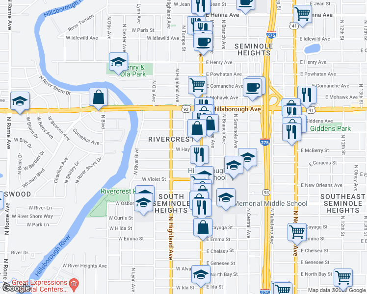 map of restaurants, bars, coffee shops, grocery stores, and more near 201 West Haya Street in Tampa