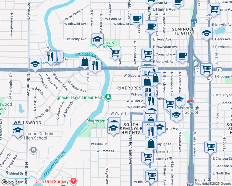 map of restaurants, bars, coffee shops, grocery stores, and more near 325 West Haya Street in Tampa