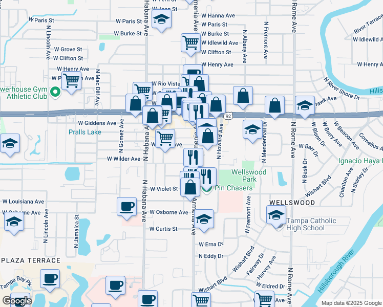 map of restaurants, bars, coffee shops, grocery stores, and more near 5110 North Armenia Avenue in Tampa