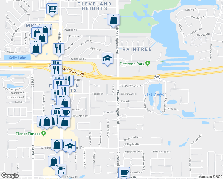 map of restaurants, bars, coffee shops, grocery stores, and more near 3829 Eric Court in Lakeland