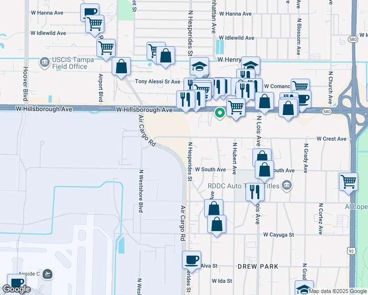 map of restaurants, bars, coffee shops, grocery stores, and more near 5018 North Hesperides Street in Tampa