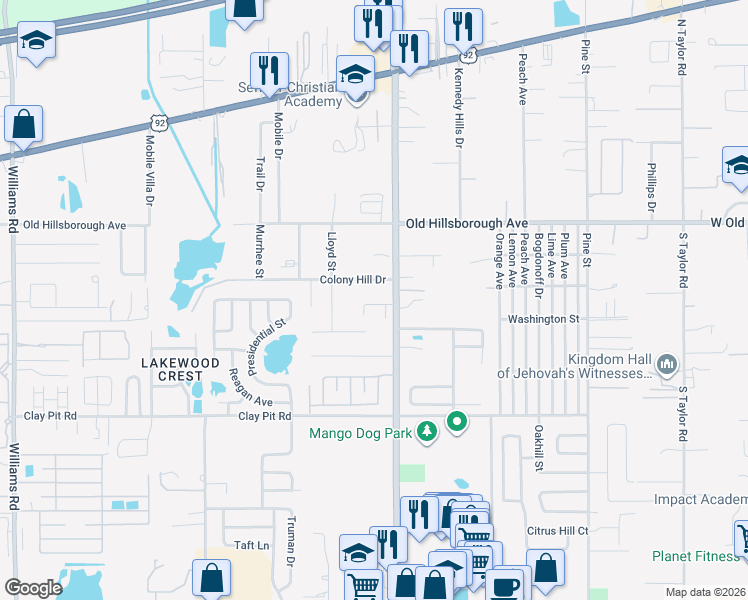 map of restaurants, bars, coffee shops, grocery stores, and more near 11617 Mango Ridge Boulevard in Seffner