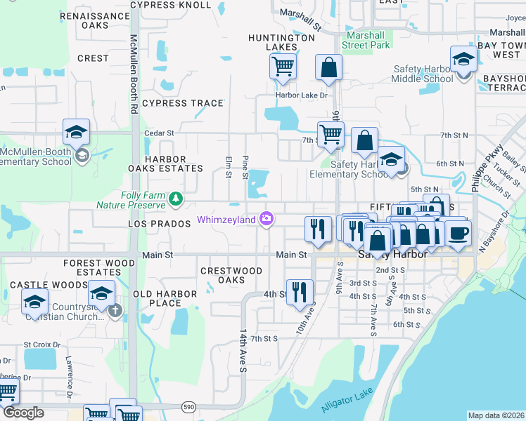 map of restaurants, bars, coffee shops, grocery stores, and more near 345 12th Avenue North in Safety Harbor