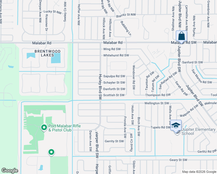 map of restaurants, bars, coffee shops, grocery stores, and more near 1267 Danforth Street Southwest in Palm Bay