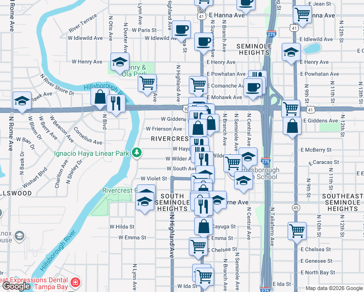 map of restaurants, bars, coffee shops, grocery stores, and more near 202 West Haya Street in Tampa