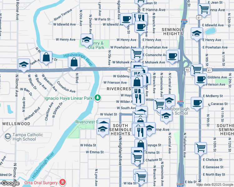 map of restaurants, bars, coffee shops, grocery stores, and more near 305 West Haya Street in Tampa