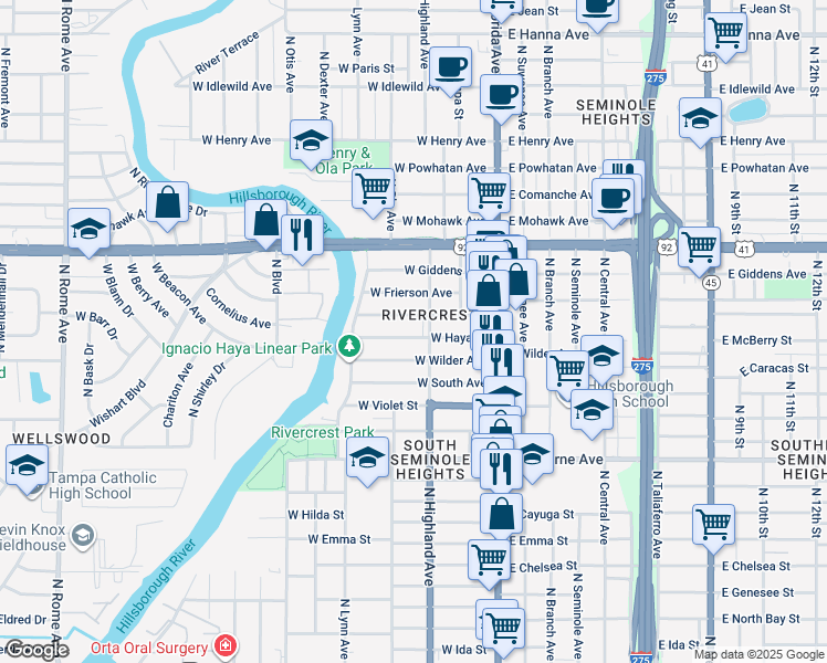 map of restaurants, bars, coffee shops, grocery stores, and more near 305 West Haya Street in Tampa