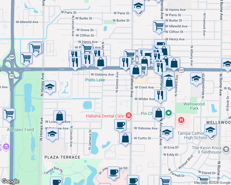 map of restaurants, bars, coffee shops, grocery stores, and more near 3001 West Wilder Avenue in Tampa