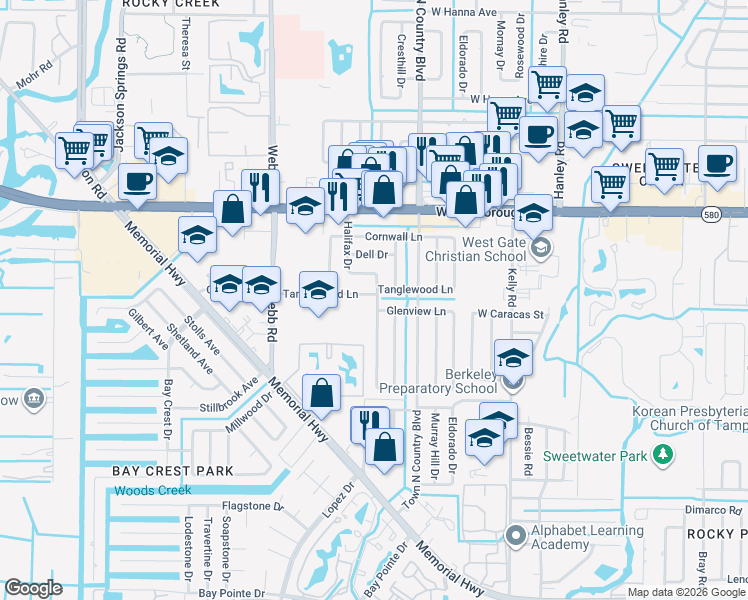 map of restaurants, bars, coffee shops, grocery stores, and more near 8005 Glenview Lane in Tampa