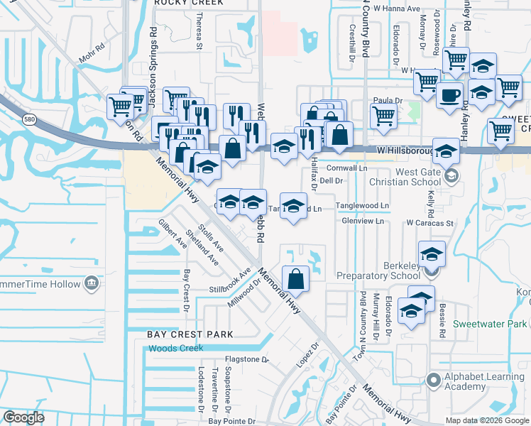 map of restaurants, bars, coffee shops, grocery stores, and more near 8222 Tanglewood Lane in Tampa